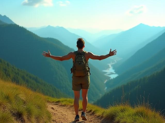 Senderista feliz contemplando un paisaje natural impresionante.