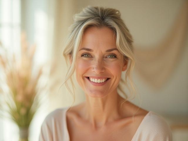 Mujer sonriente y relajada en un espacio tranquilo, simbolizando bienestar femenino.