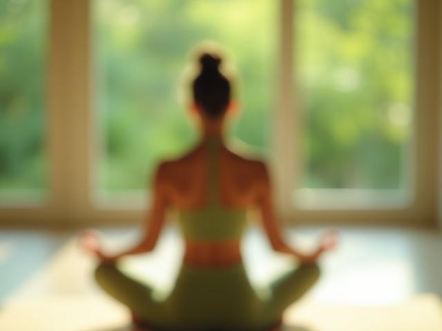 Mujer en pose de yoga relajante en un entorno sereno.