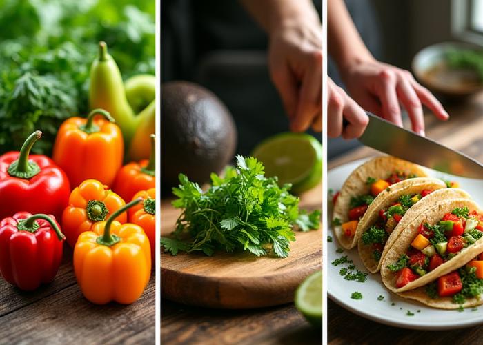 Collage de vegetales frescos, manos cocinando y platos saludables.