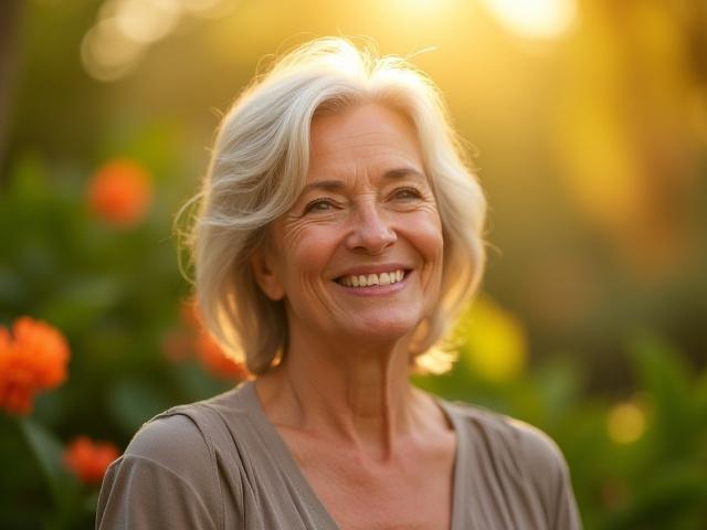 Mujer madura sonriendo con serenidad en un jardín florecido, representando plenitud y bienestar femenino.