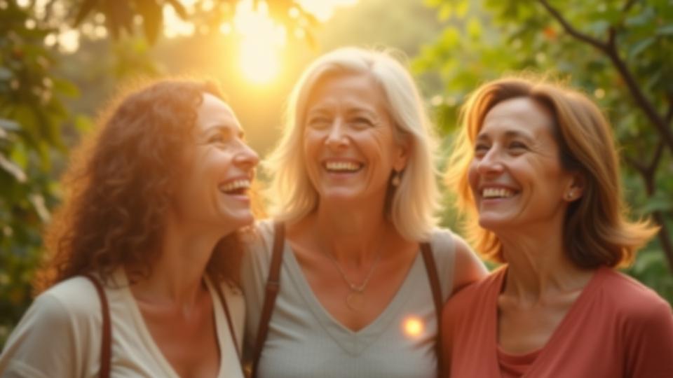 Un grupo de mujeres riendo juntas, en un ambiente natural y de apoyo, simbolizando la comunidad creada en el retiro.