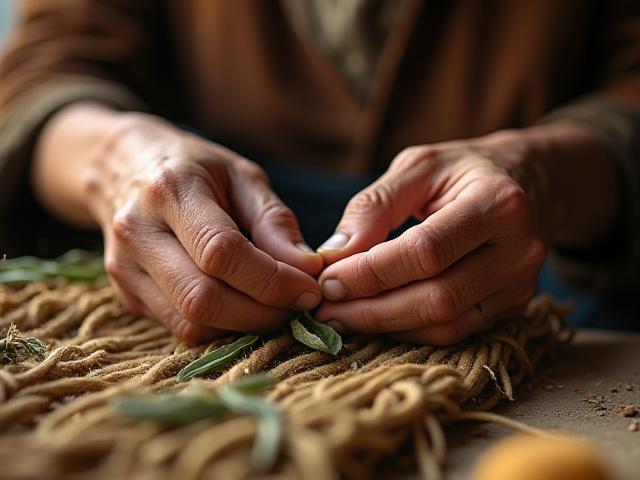 Manos de un artesano o guardián de la tradición mexicana trabajando con materiales naturales.