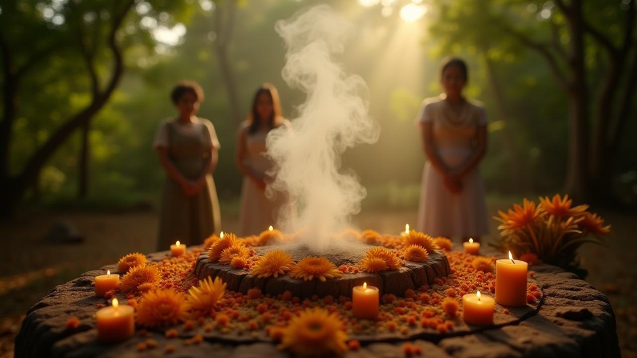 Ceremonia ancestral con copal y flores, evocando una profunda conexión espiritual.